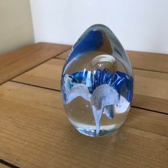 Mdina Studio Art Glass Egg Paperweight Controlled Bubble Blue Flower Signed - Picture 6 of 12